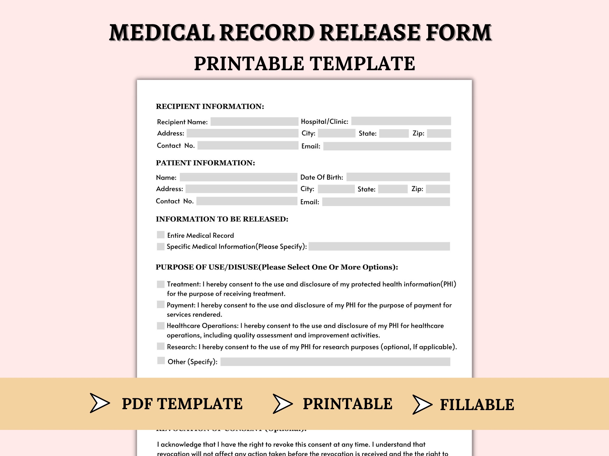 Medical Record Release Form Template Printable Medical Release Form Medical Information Consent Form Treatment Consent New Patient Form Etsy
