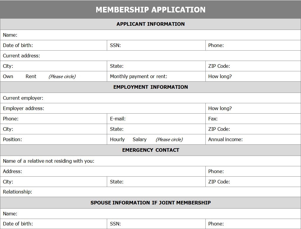 Membership Application Form Application For Membership Form
