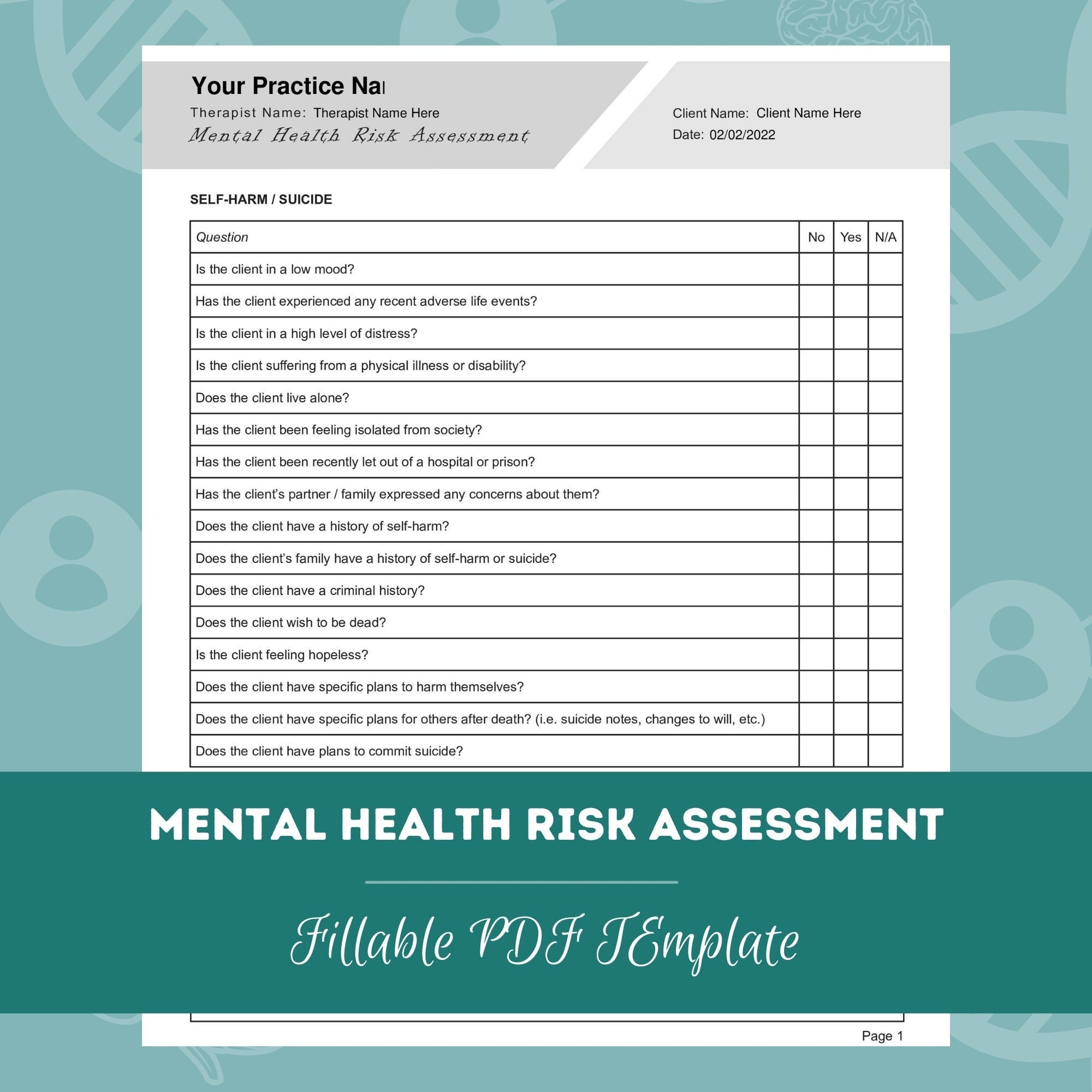 Mental Health Risk Assessment Editable Fillable PDF For Counselors Psychologists Psychiatrists Therapists Etsy