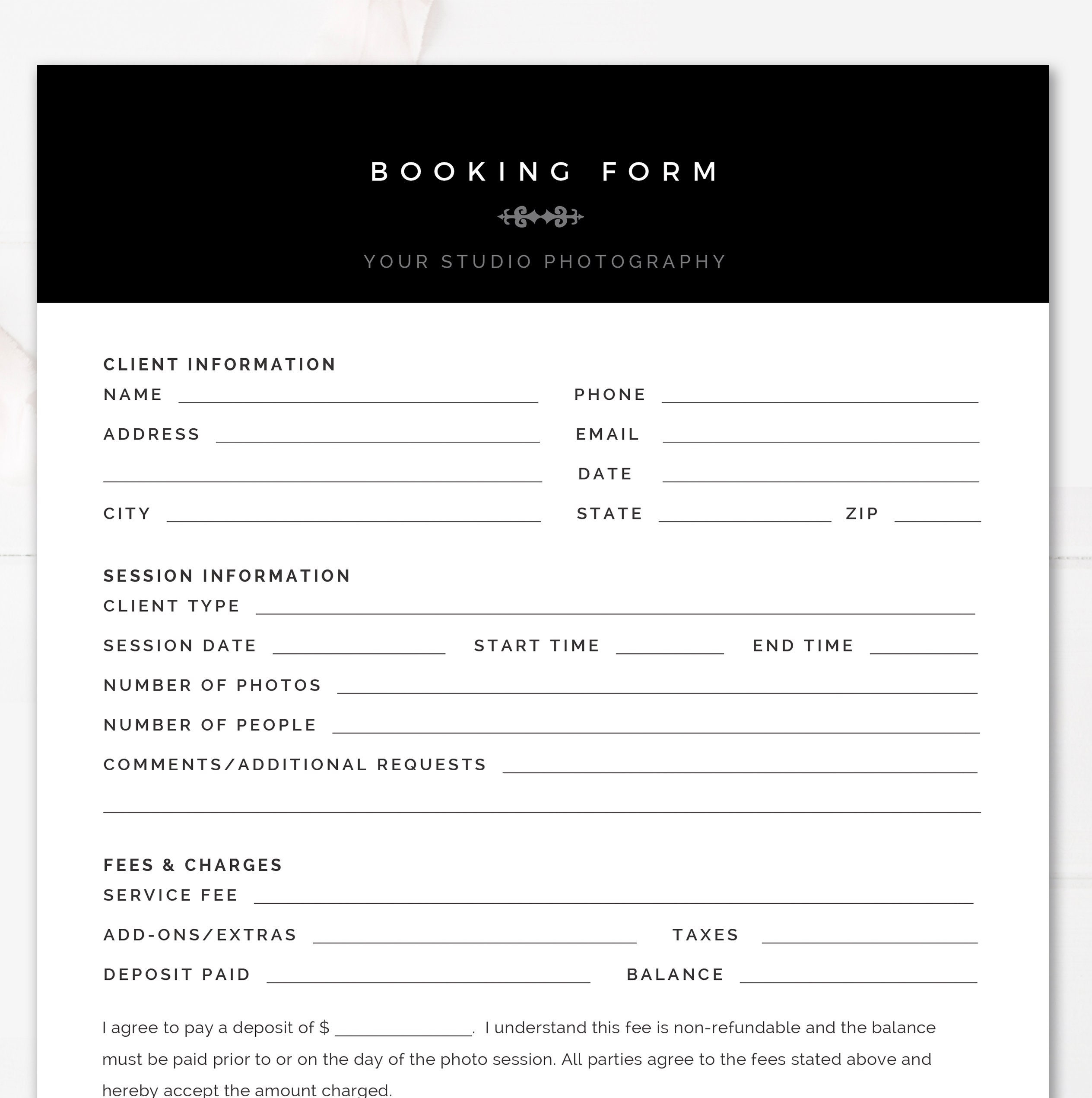 Modern Black White Booking Form Template Printable Photography Booking Form For Photoshop And MS Word INSTANT DOWNLOAD Etsy