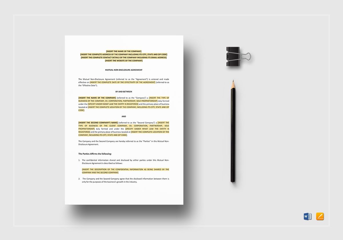 Mutual Non Disclosure Agreement Template In Word Apple Pages