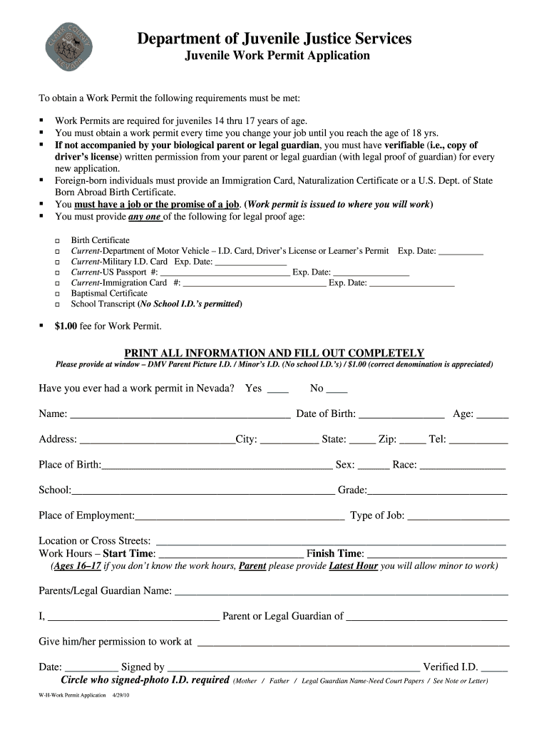 Nevada Work Permit Application Form Fill Online Printable Fillable Blank PdfFiller