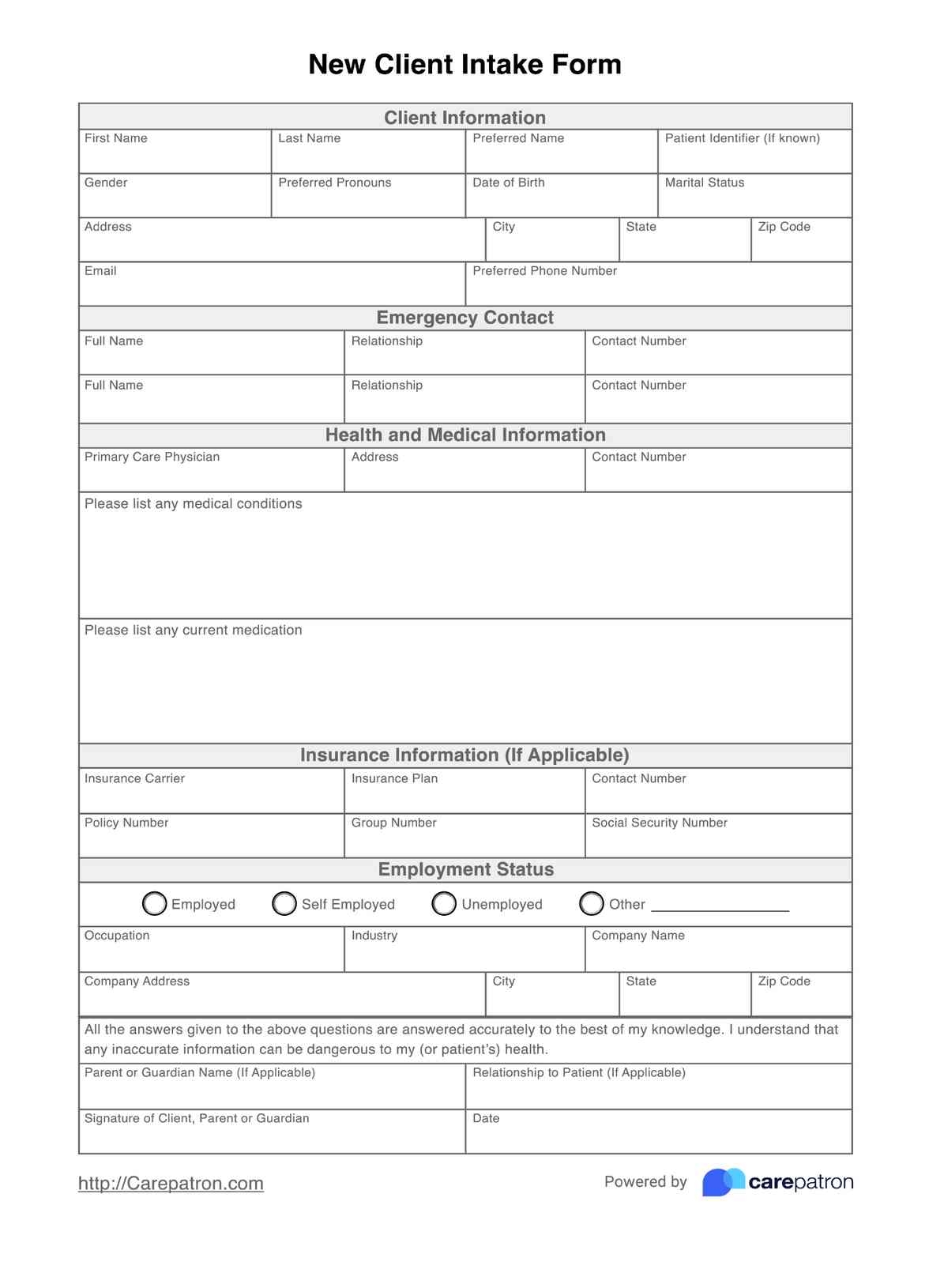 printable patient intake form