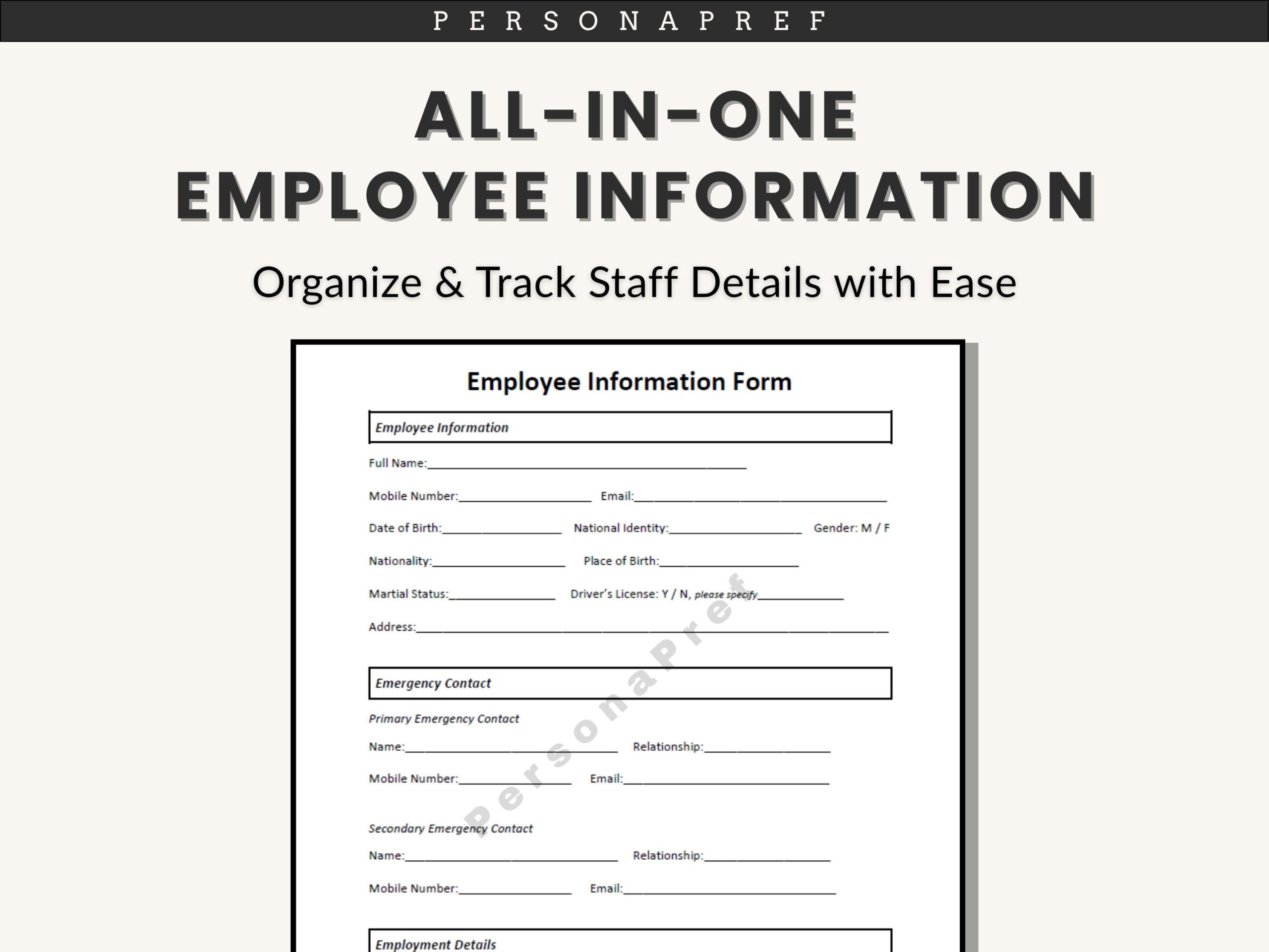 New Employee Information Details Form Template New Hire Employment Information Sheet Template Employee Starter Form Staff Detail Info Etsy