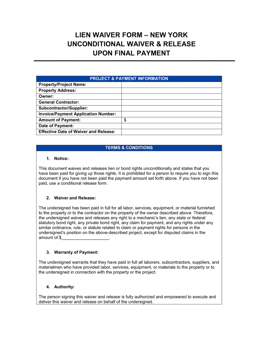 New York Lien Waiver Form Template