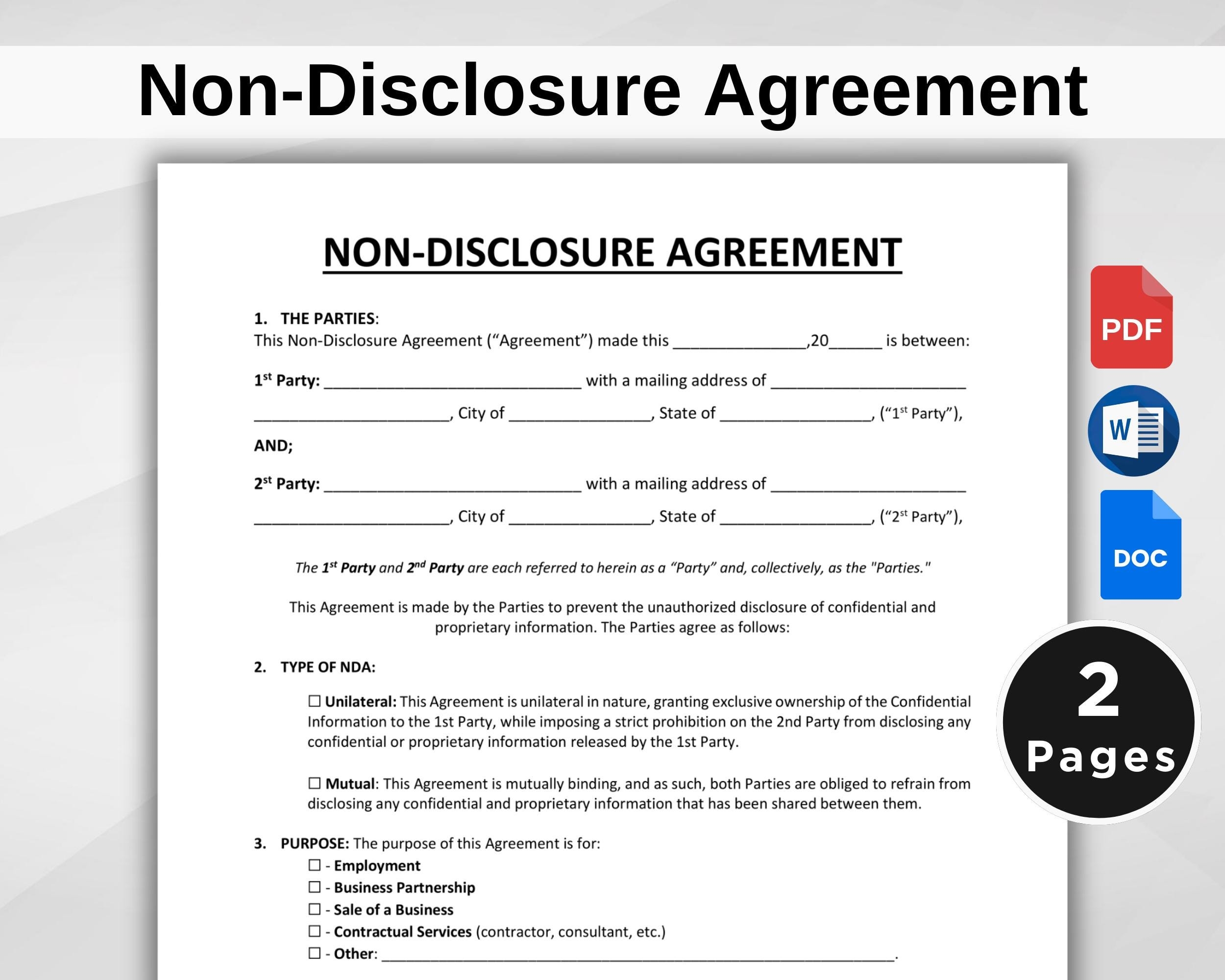 Non disclosure Agreement Template NDA Forms Confidential Disclosure Agreement NDA Template Agreement Editable Word Google Docs PDF Etsy