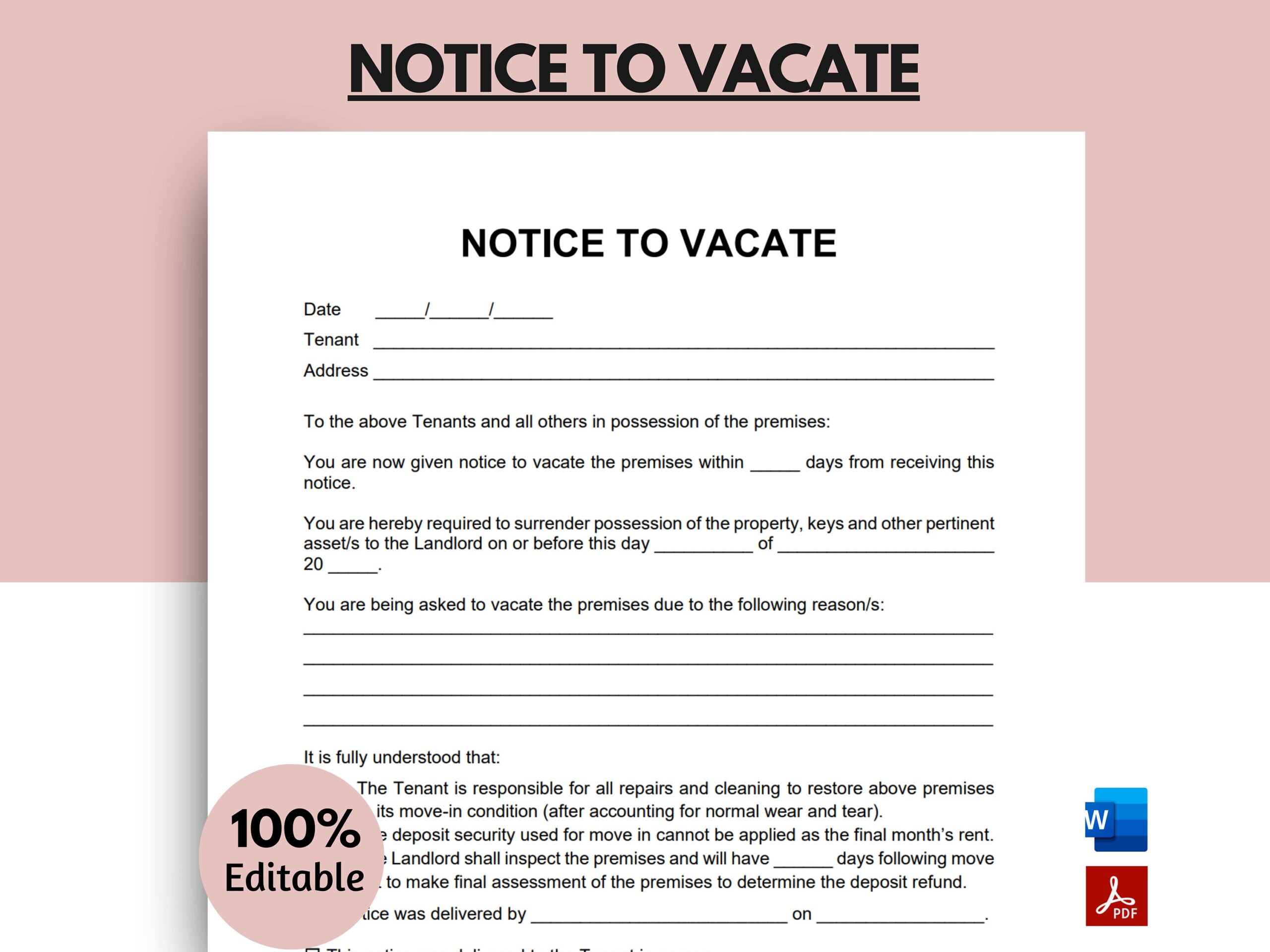 Notice To Vacate Template Notice To Vacate Letter Editable Notice To Vacate WORD Eviction Notice Notice To Vacate From Landlord Etsy