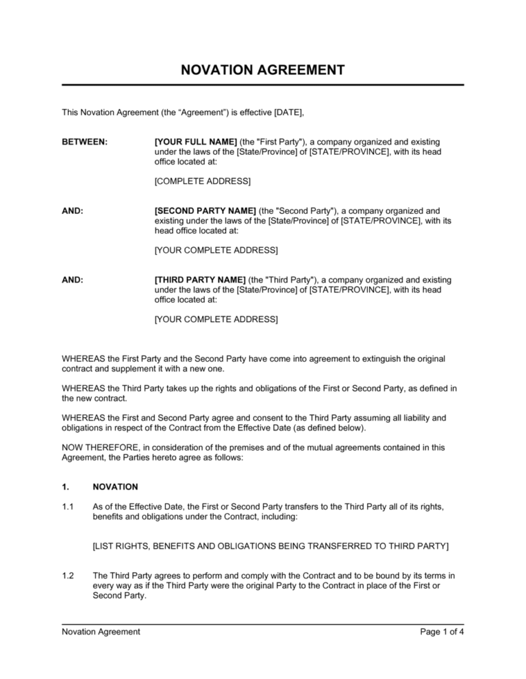 Novation Agreement Template