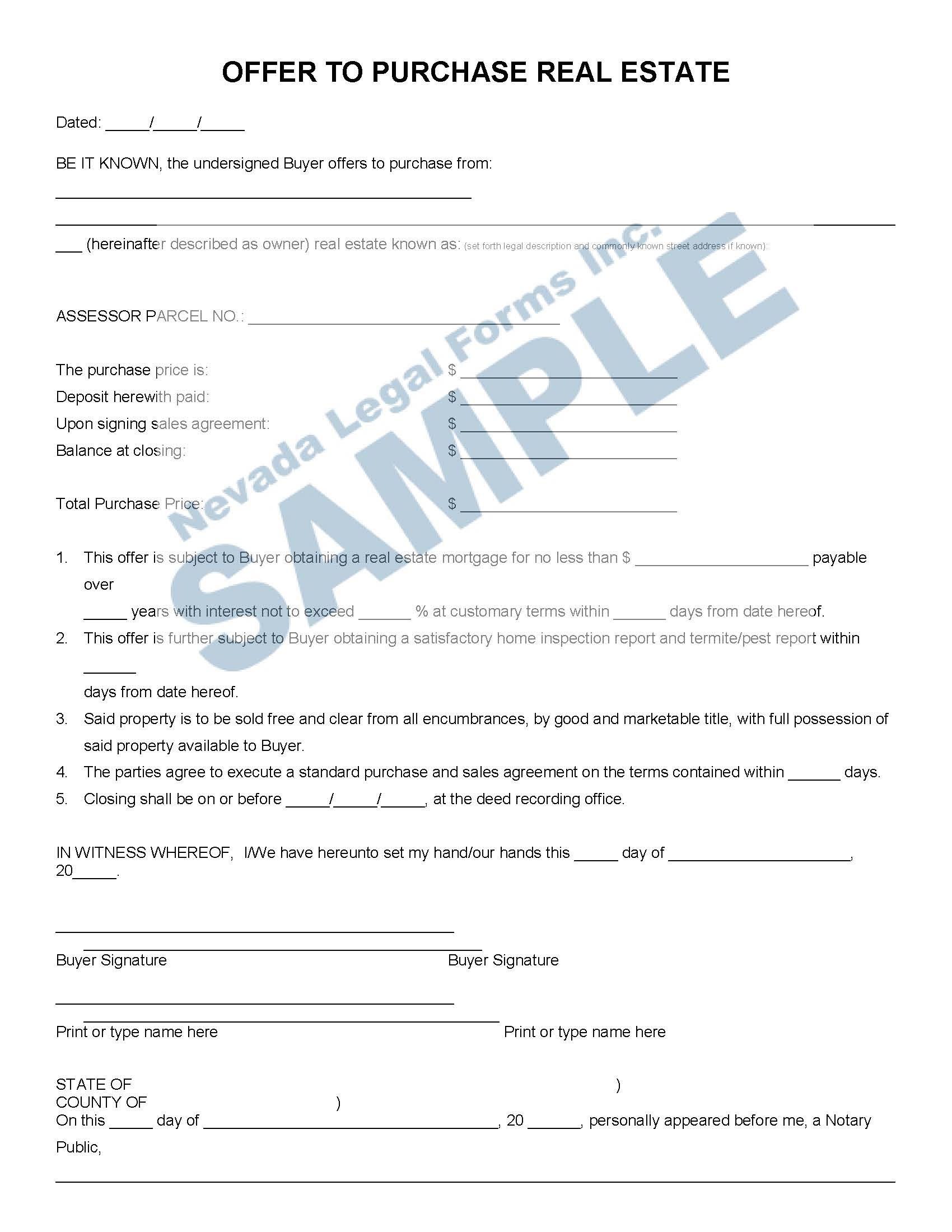 OFFER TO PURCHASE REAL ESTATE Nevada Legal Forms Services