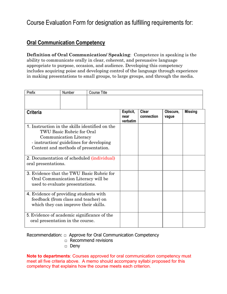 Oral Communication Competency Course Evaluation Form