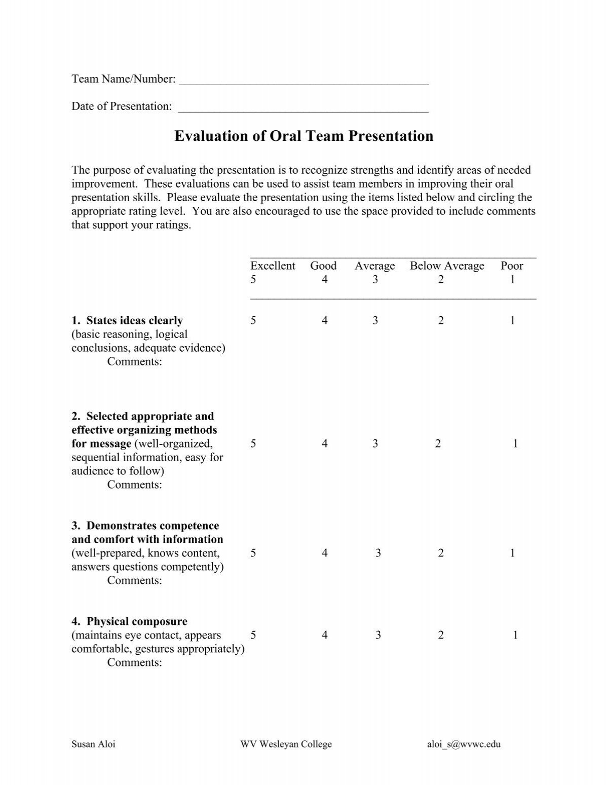 Oral Presentation Evaluation Form Assessment Sample Oral Presentation Evaluation Form Assessment Sample