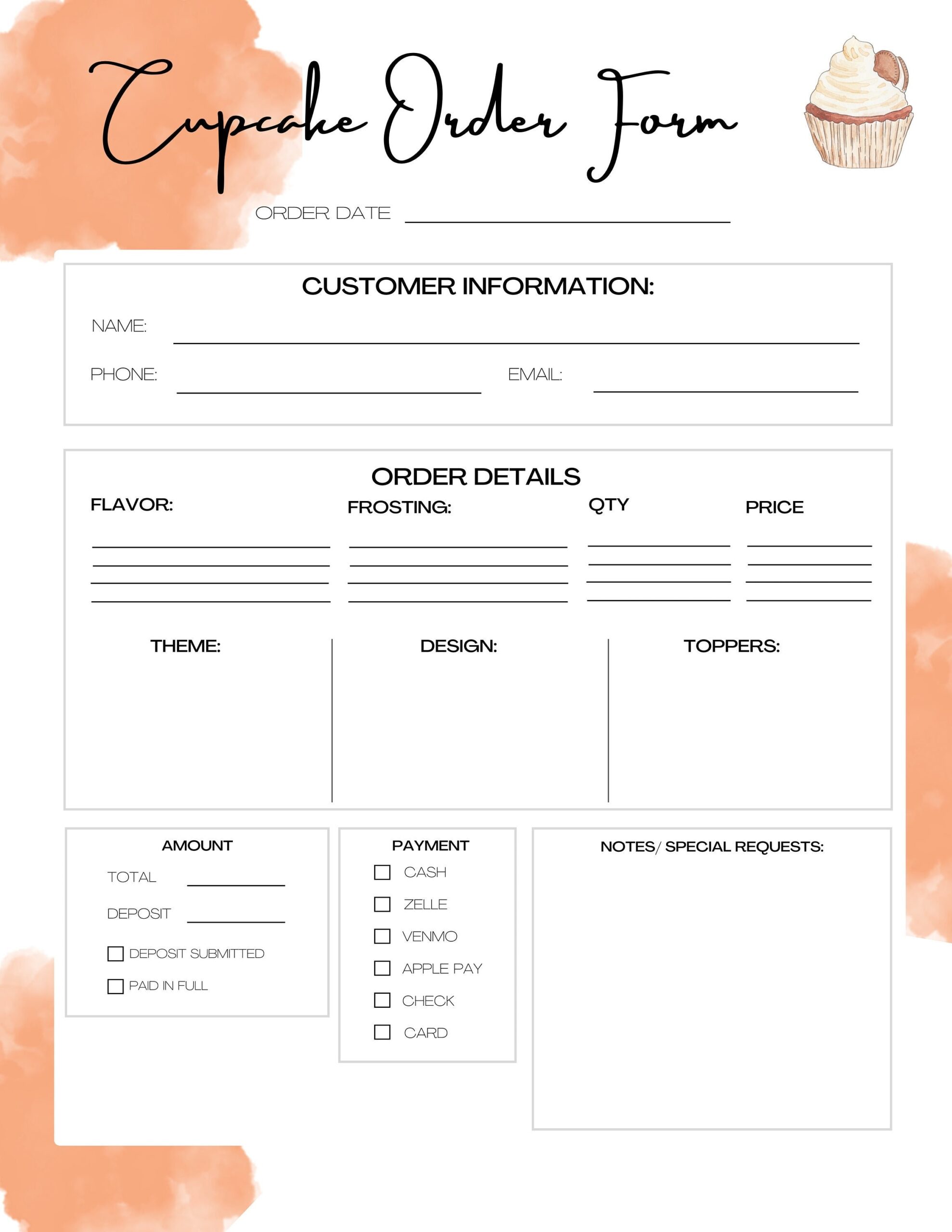 Orange Non Custom Cupcake Order Form Cupcake Forms Order Template Printable Order Form Canva Template Small Business Order Forms Etsy
