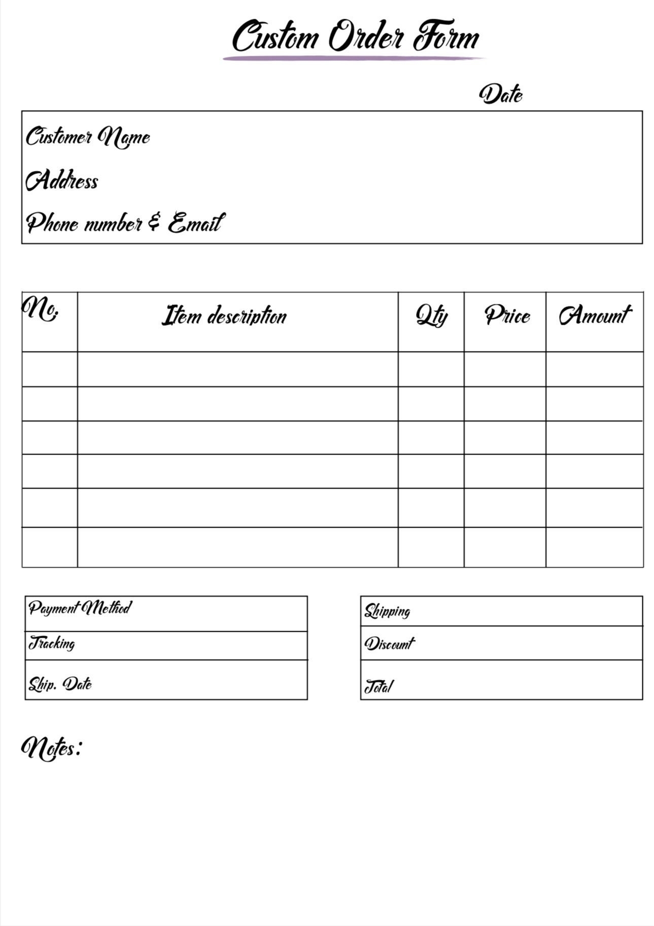Order Form Printable Custom Order Instant Download Small Business Templates Goodnotes Template Digital Order Form Special Order Sheet Etsy