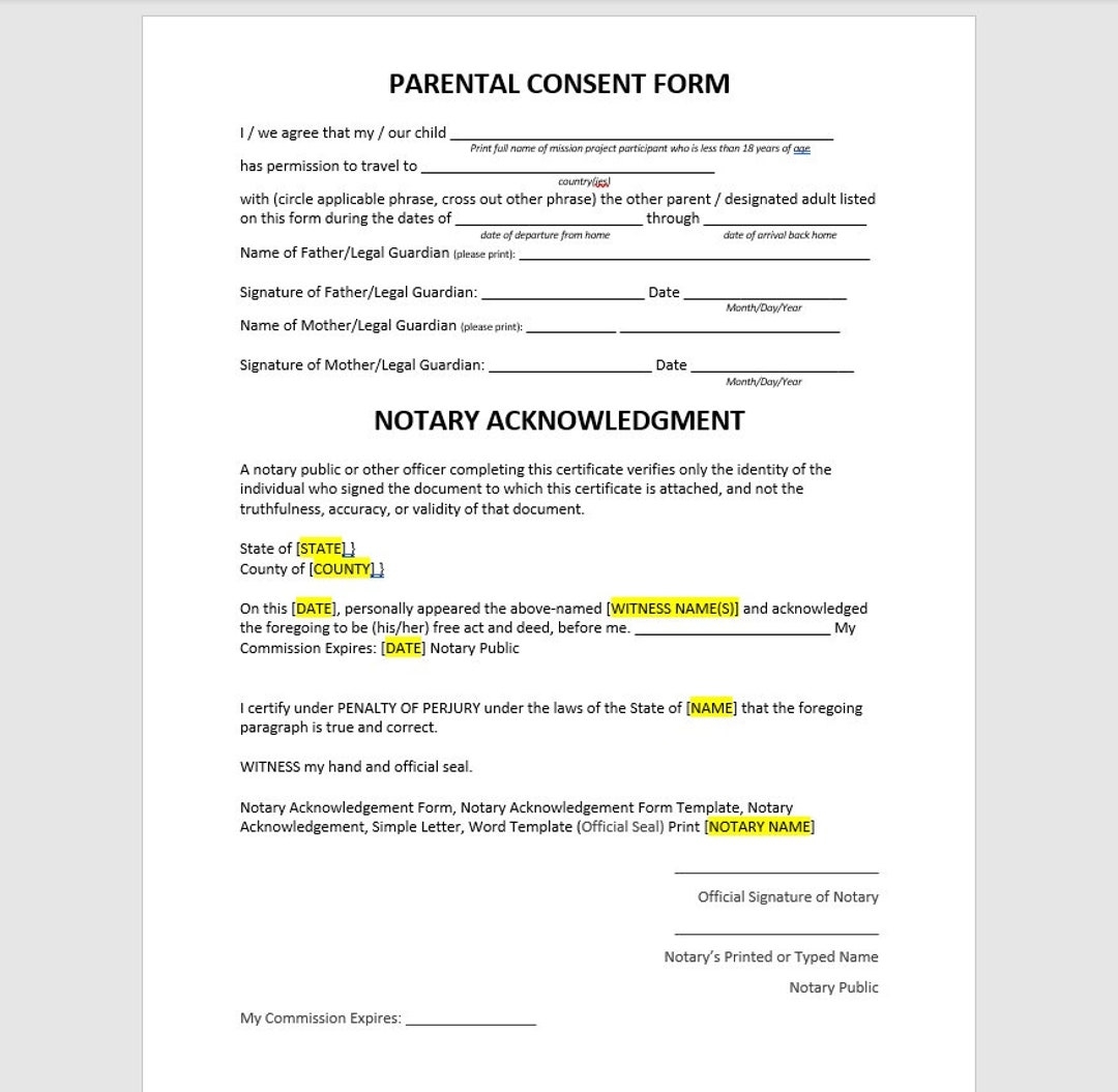 Parental Consent Form Template Parental Consent Form Permission To Travel Template Notary Acknowledgement Simple Letter Word Template Etsy Parental Consent Form Template Parental Consent Form Permission To Travel Template Notary Acknowledgement Simple Letter Word Template Etsy
