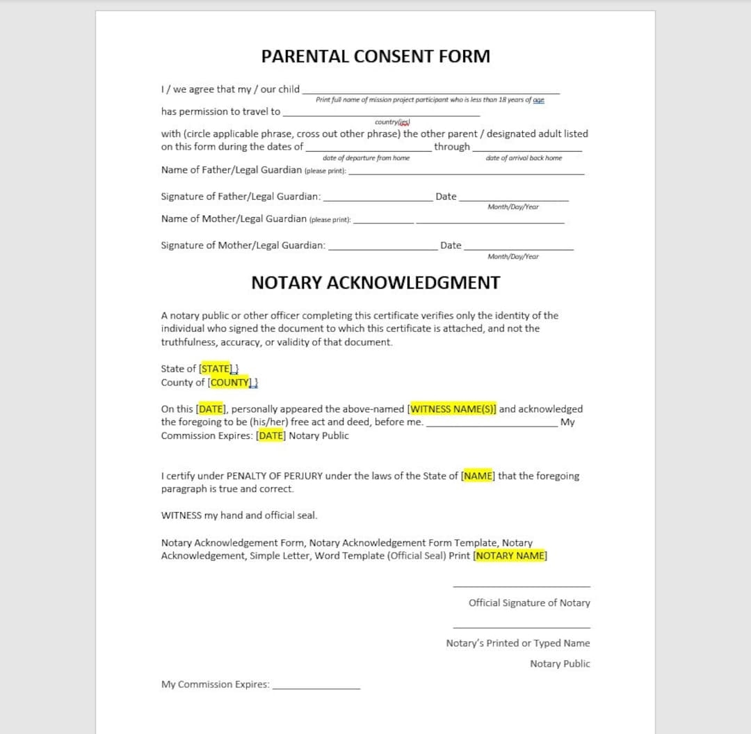 Parental Consent Form Template Parental Consent Form Permission To Travel Template Notary Acknowledgement Simple Letter Word Template Etsy Parental Consent Form Template Parental Consent Form Permission To Travel Template Notary Acknowledgement Simple Letter Word Template Etsy