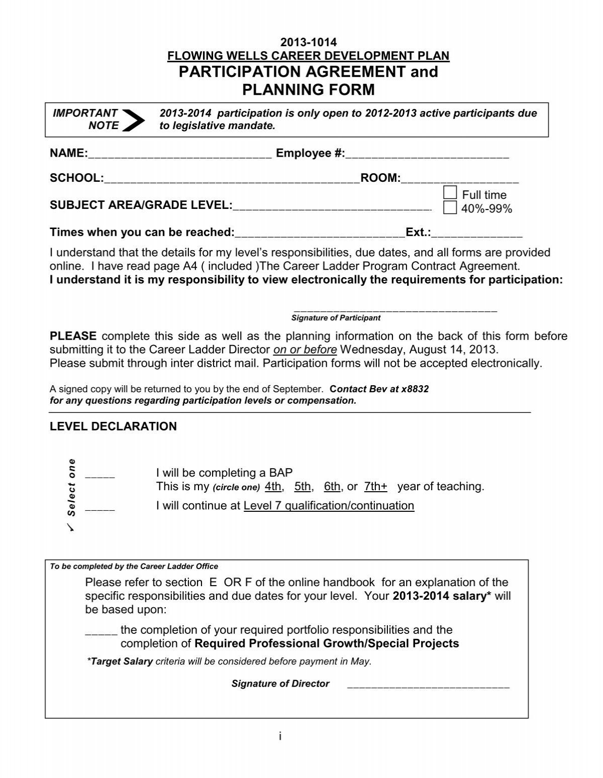 PARTICIPATION AGREEMENT And PLANNING FORM