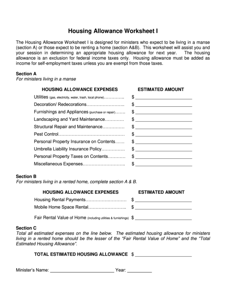 Pastor Housing Allowance Worksheet 2024 Fill Online Printable Fillable Blank PdfFiller