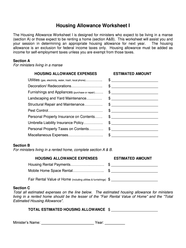 Pastor Housing Allowance Worksheet 2024 Fill Online Printable Fillable Blank PdfFiller
