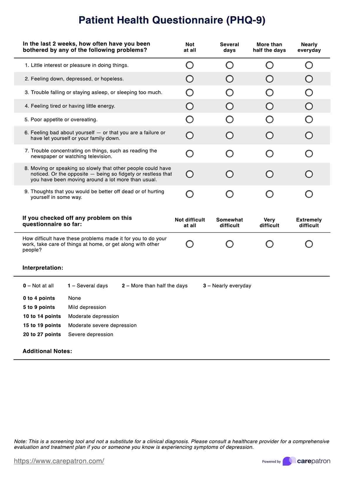 Patient Health Questionnaire PHQ 9 Example Free PDF Download