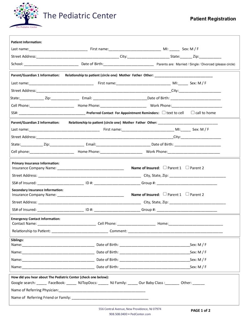 Patient Registration Form PedCenter