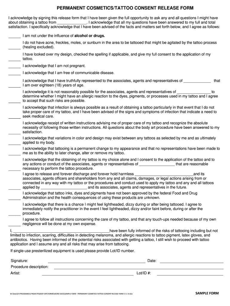 Pdf Printable Tattoo Consent Form Fill Out Sign Online DocHub