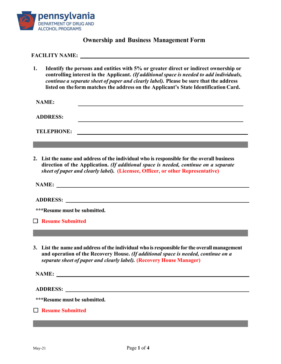 Pennsylvania Ownership And Business Management Form Download Fillable PDF Templateroller