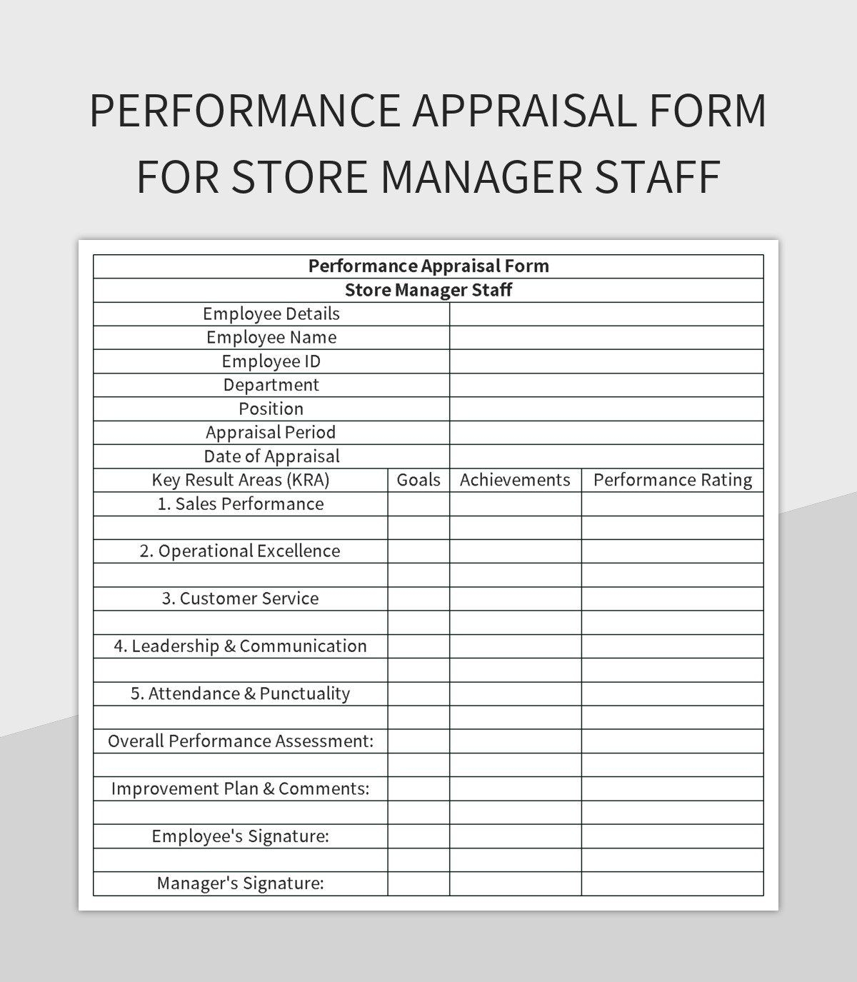 Performance Appraisal Form For Store Manager Staff Excel Template And Google Sheets File For Free Download Slidesdocs