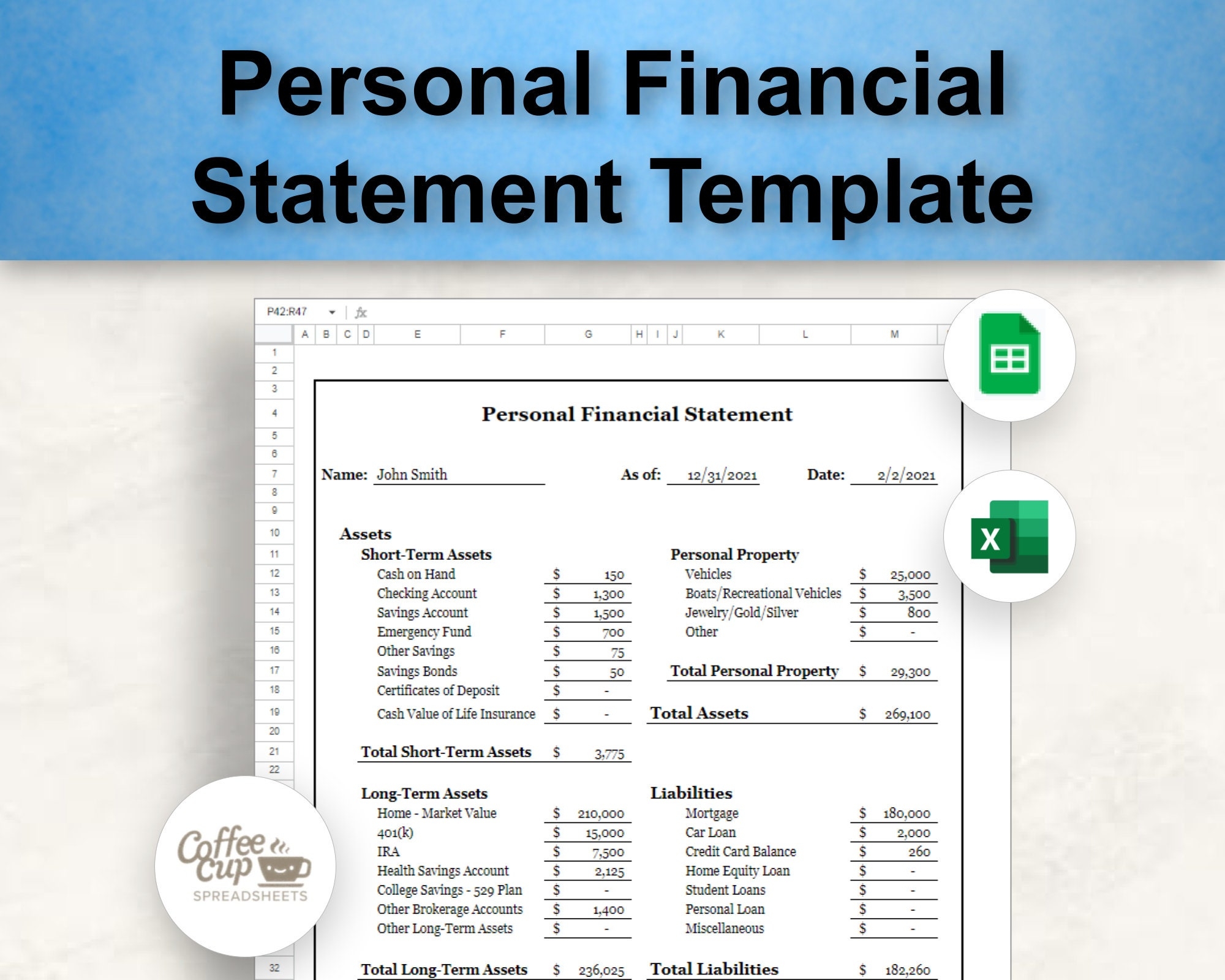 Personal Financial Statement Google Sheet And Excel Spreadsheet Template Etsy