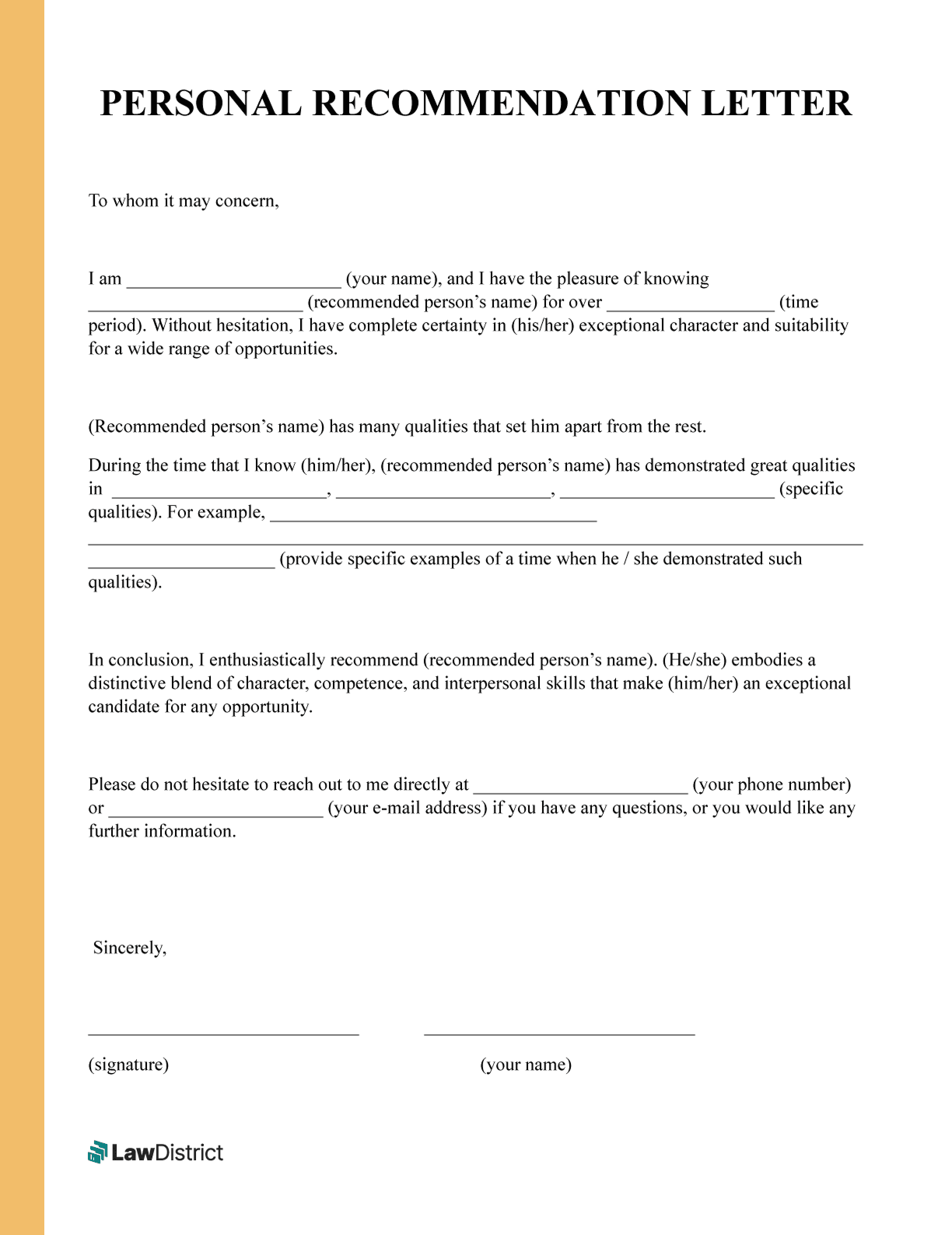 Personal Letter Of Recommendation Samples PDF Form LawDistrict