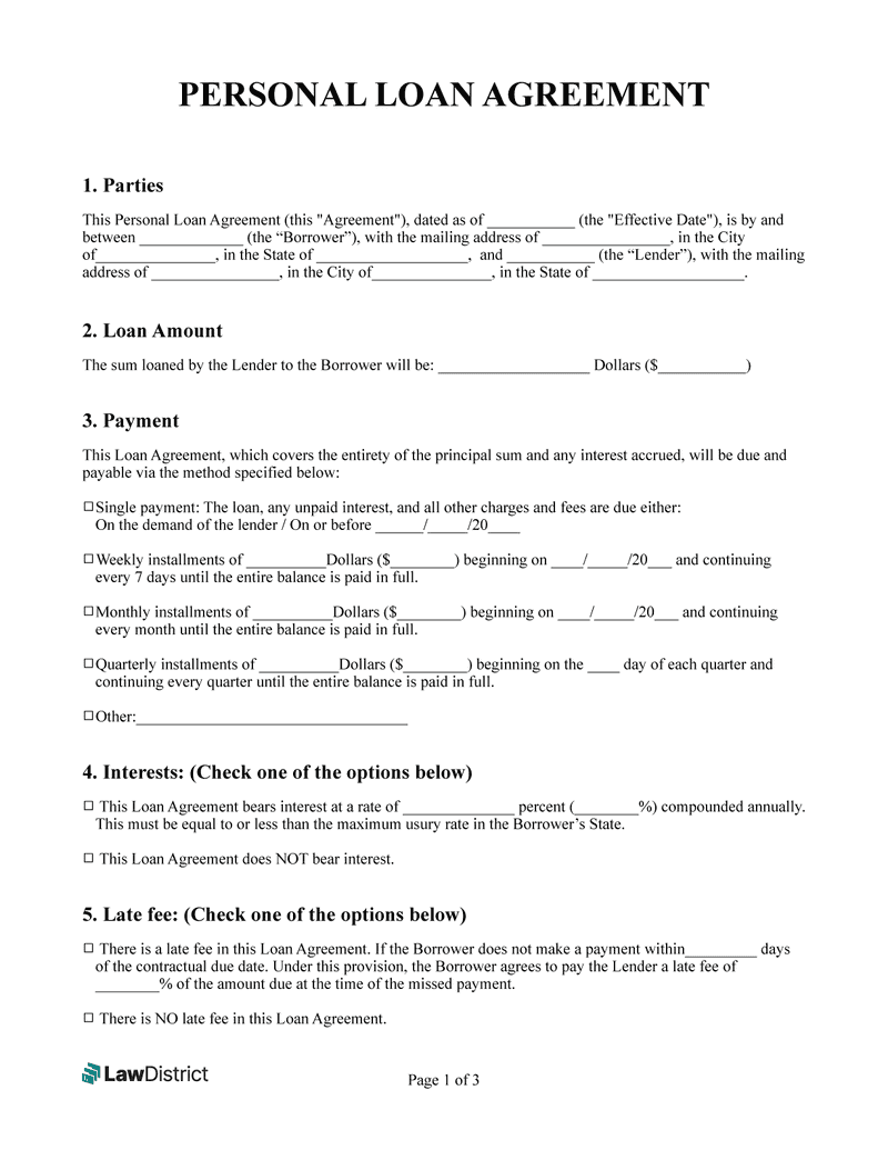Personal Loan Agreement Get A Free Template Sample LawDistrict