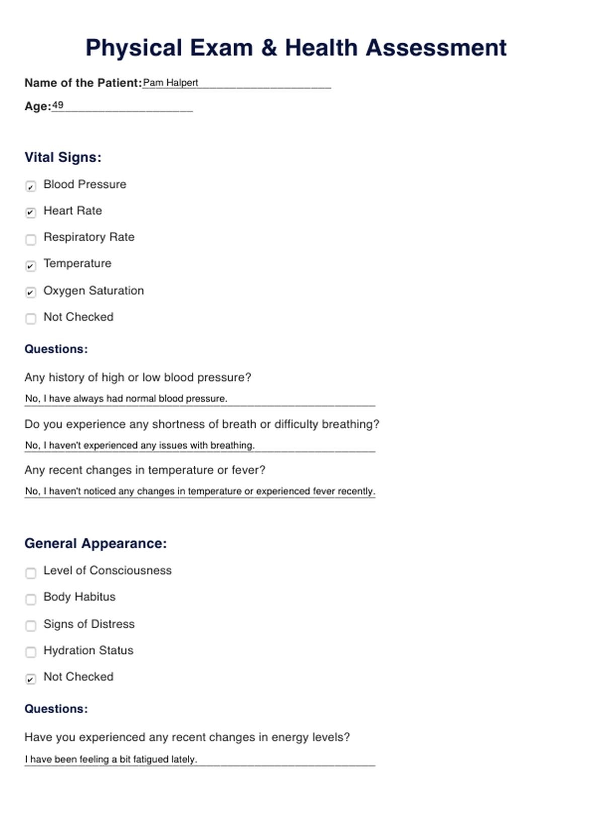 Physical Exam Health Assessment Template Example Free PDF Download