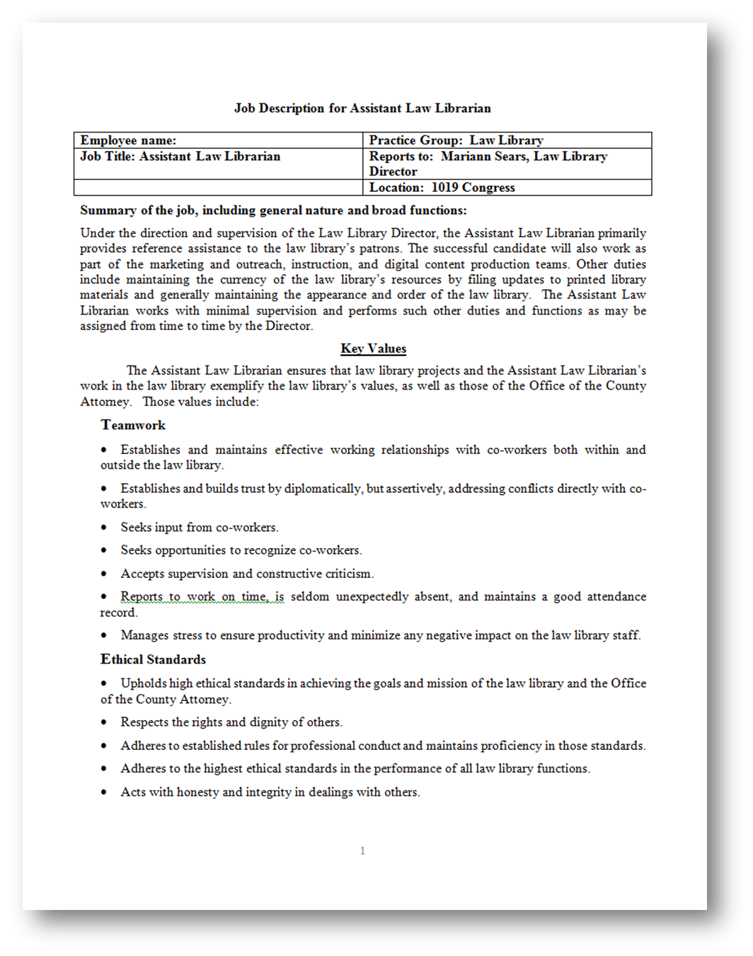 Position Opening Assistant Law Librarian Harris County Robert W Hainsworth Law Library