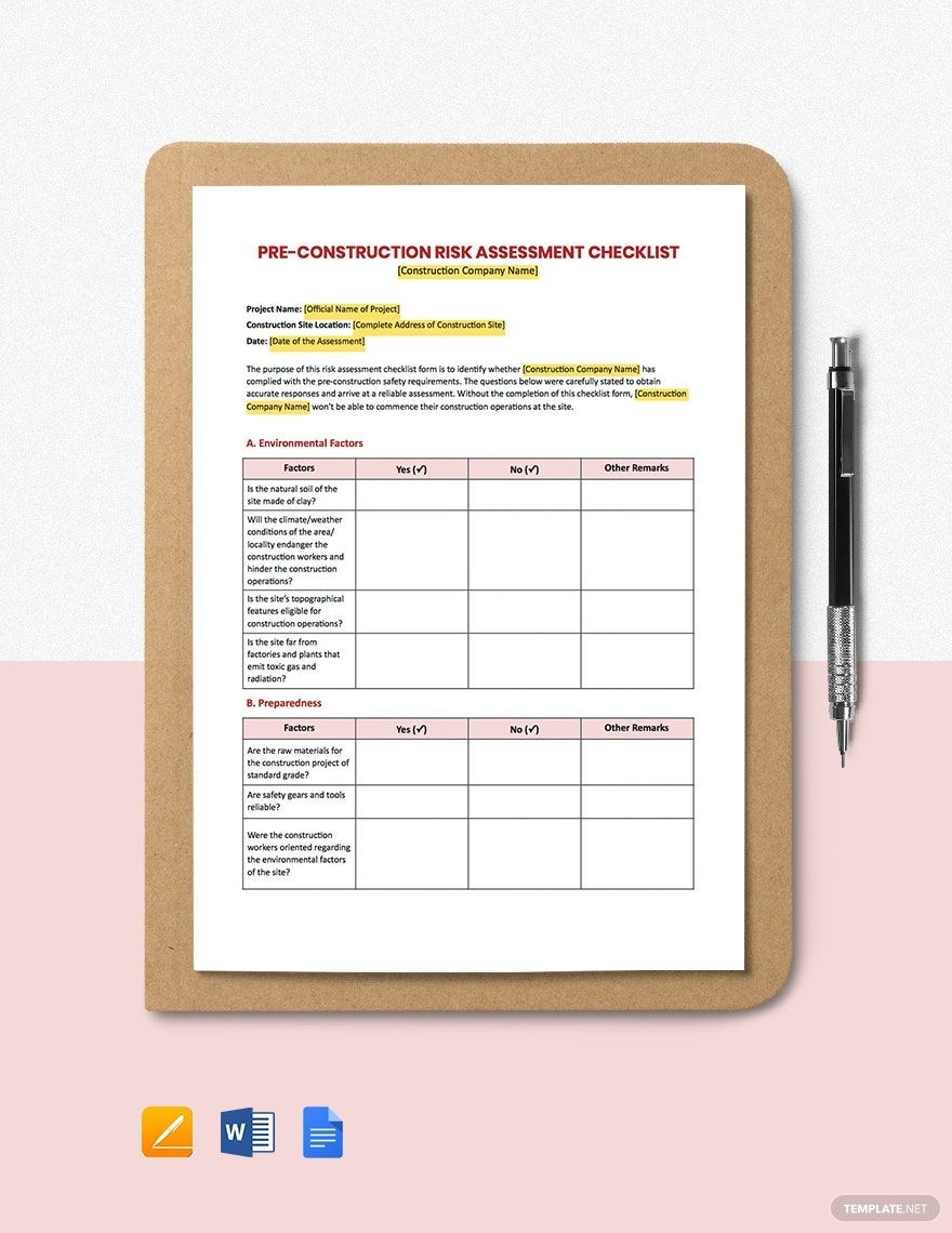 Pre Construction Risk Assessment Checklist Template In Pages Word Google Docs Download Template