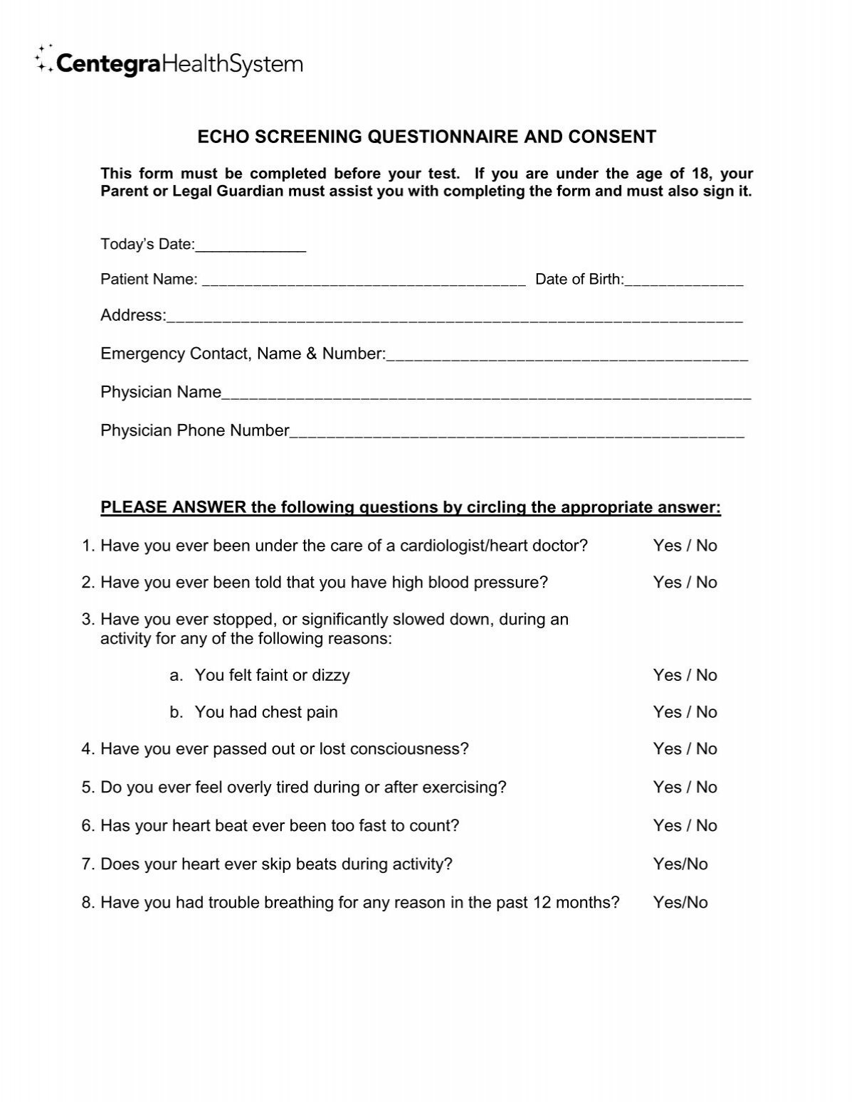 Pre Screening Questionnaire And Consent Form