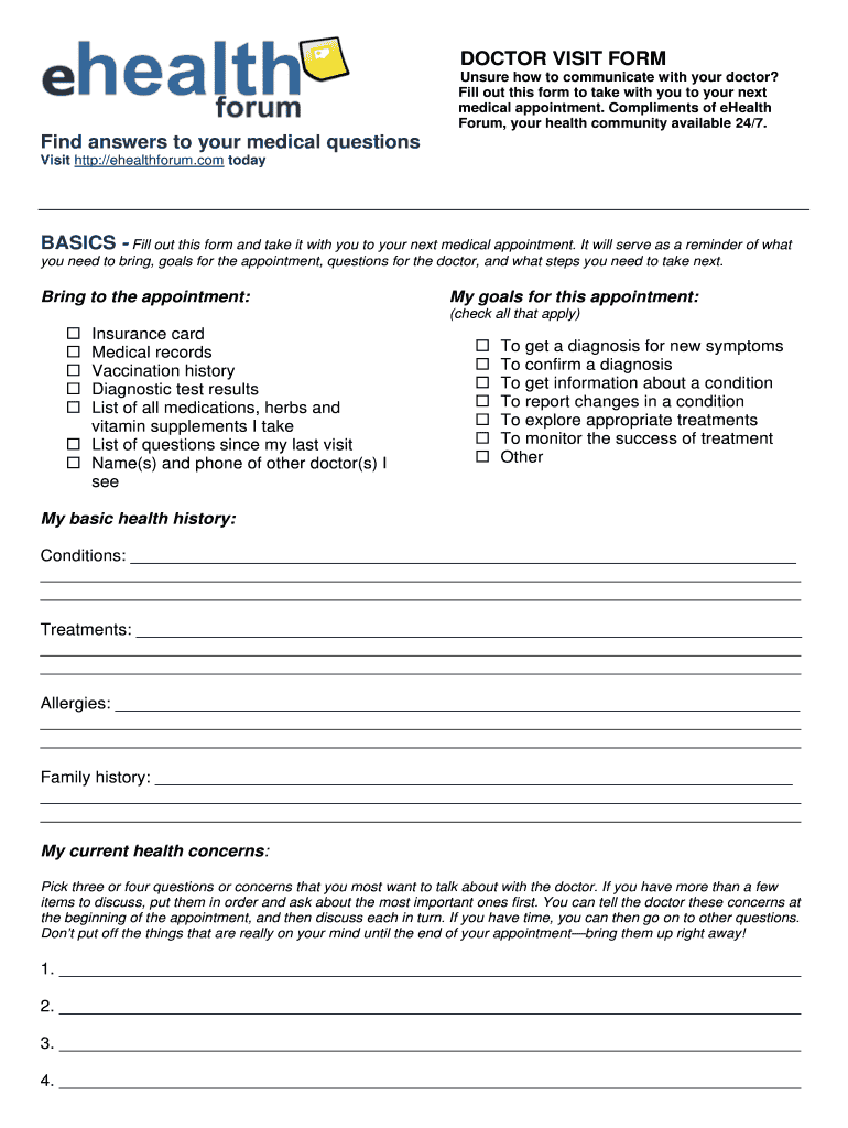 Printable Doctor Visit Form Template Fill Out Sign Online DocHub
