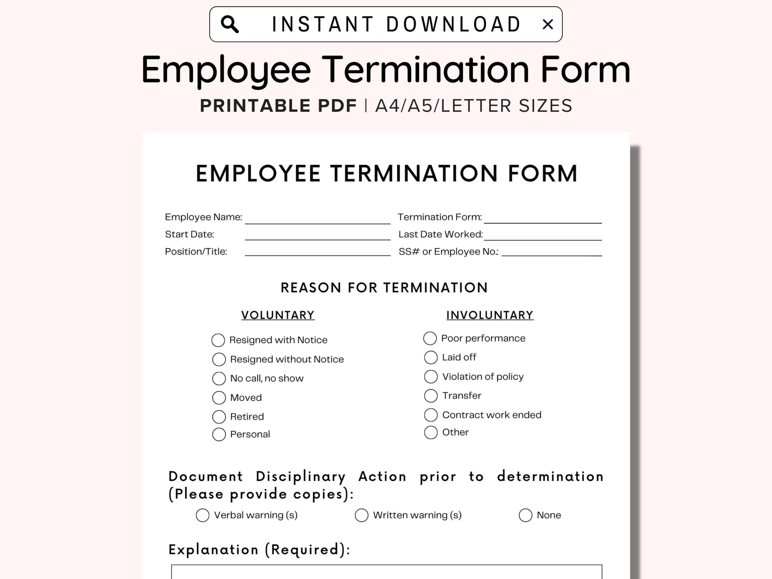 Printable Employee Termination Form A4 a5 letter Sizes PDF Etsy