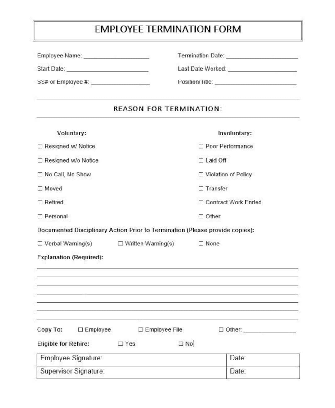 Printable Employee Termination Form Editable DOCX PDF Etsy
