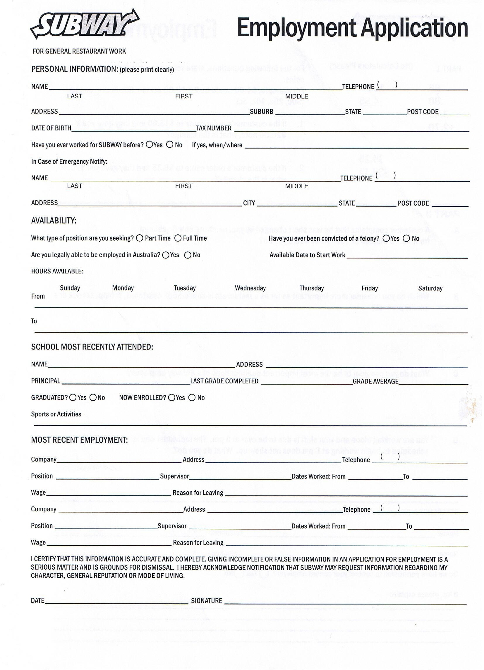 Printable Employment Application For Subway Worksheets Library