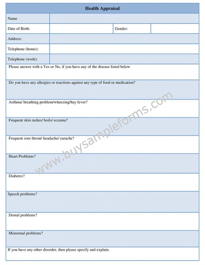 Printable Health Appraisal Form Medical Form Word Template