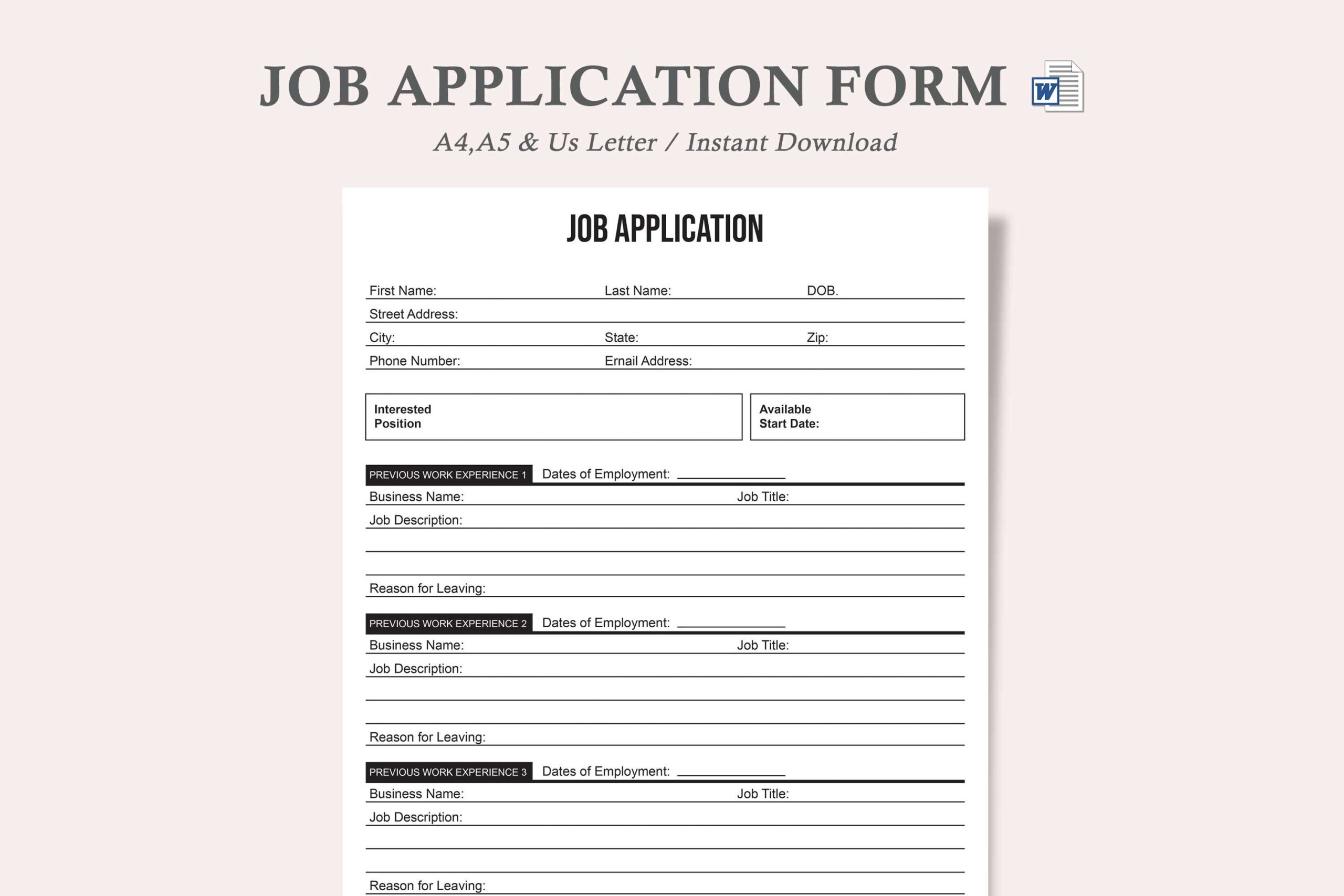 Printable Job Application Form Template MS Word Google Docs Etsy