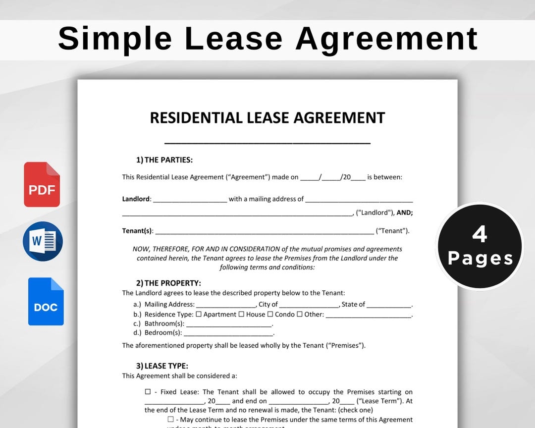 Printable Lease Agreement Rental Agreement Template Residential Housing Agreement Lease Contract Template Google Docs Word PDF Etsy