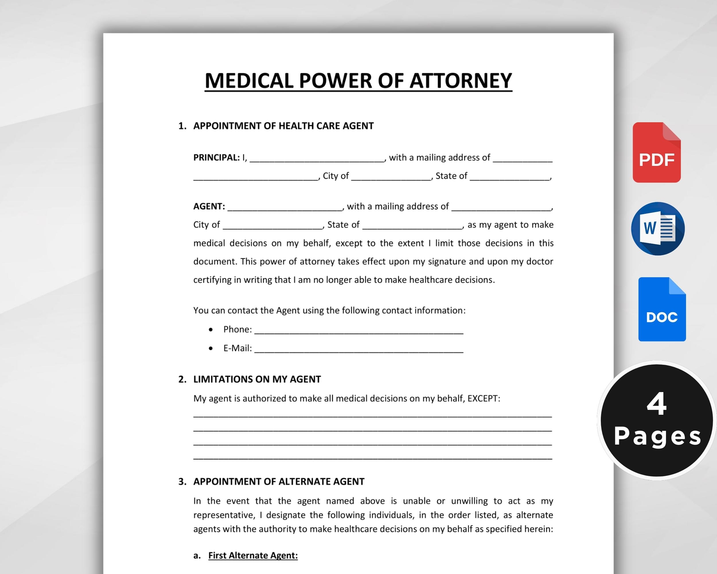 Printable Medical Power Of Attorney Form instant Download Etsy