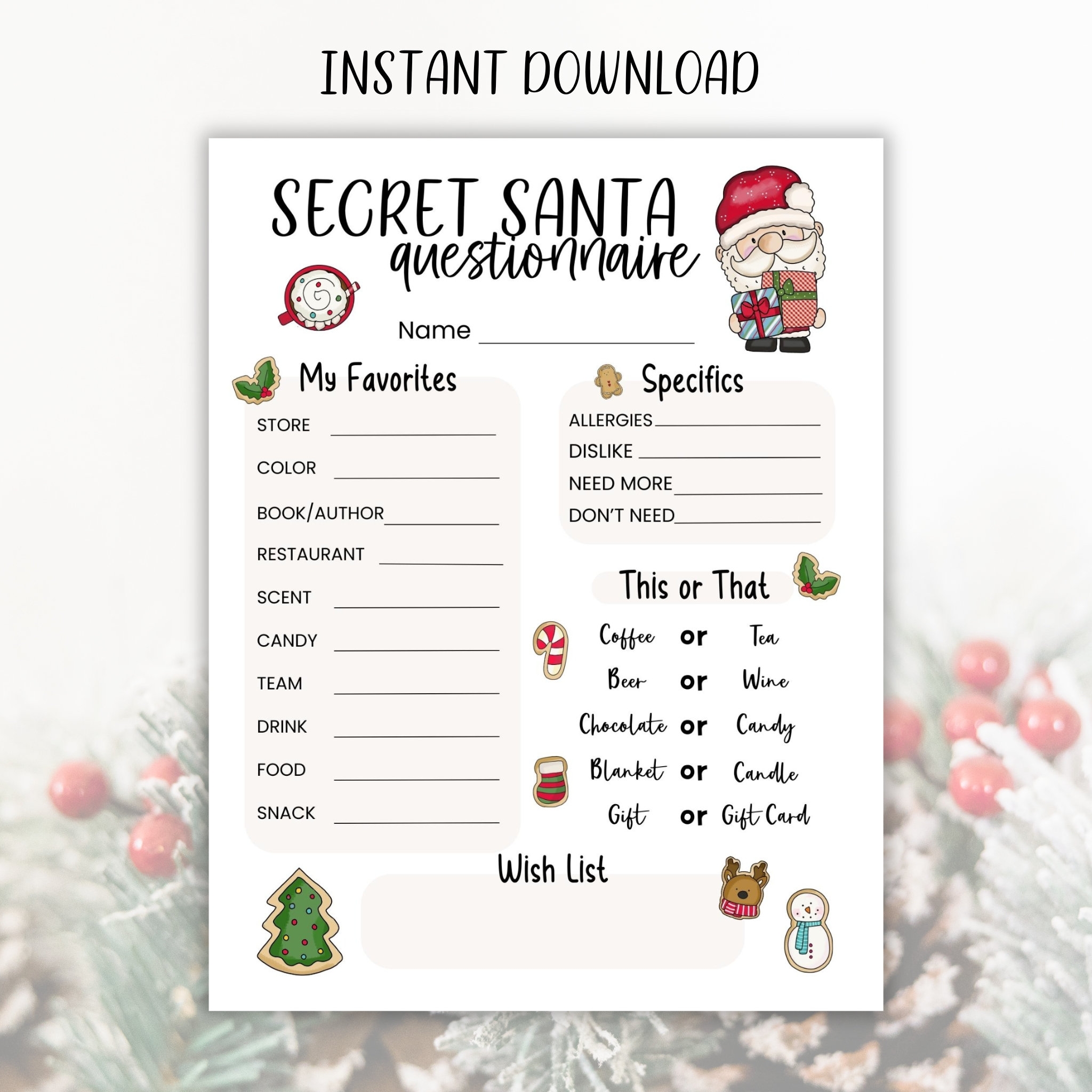 Printable Secret Santa Questionnaire Christmas Holiday Gift Exchange Questions Form For Work Office Coworkers Neighbors Friends PDF Etsy Printable Secret Santa Questionnaire Christmas Holiday Gift Exchange Questions Form For Work Office Coworkers Neighbors Friends PDF Etsy