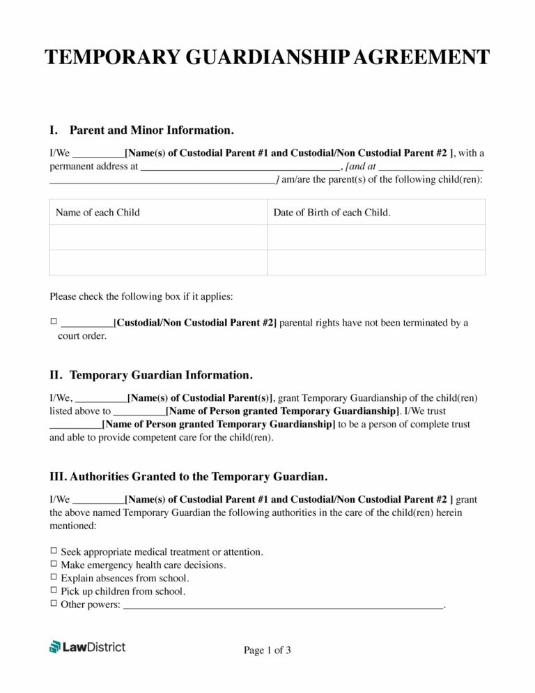 Printable Temporary Guardianship Form Free PDF Word LawDistrict