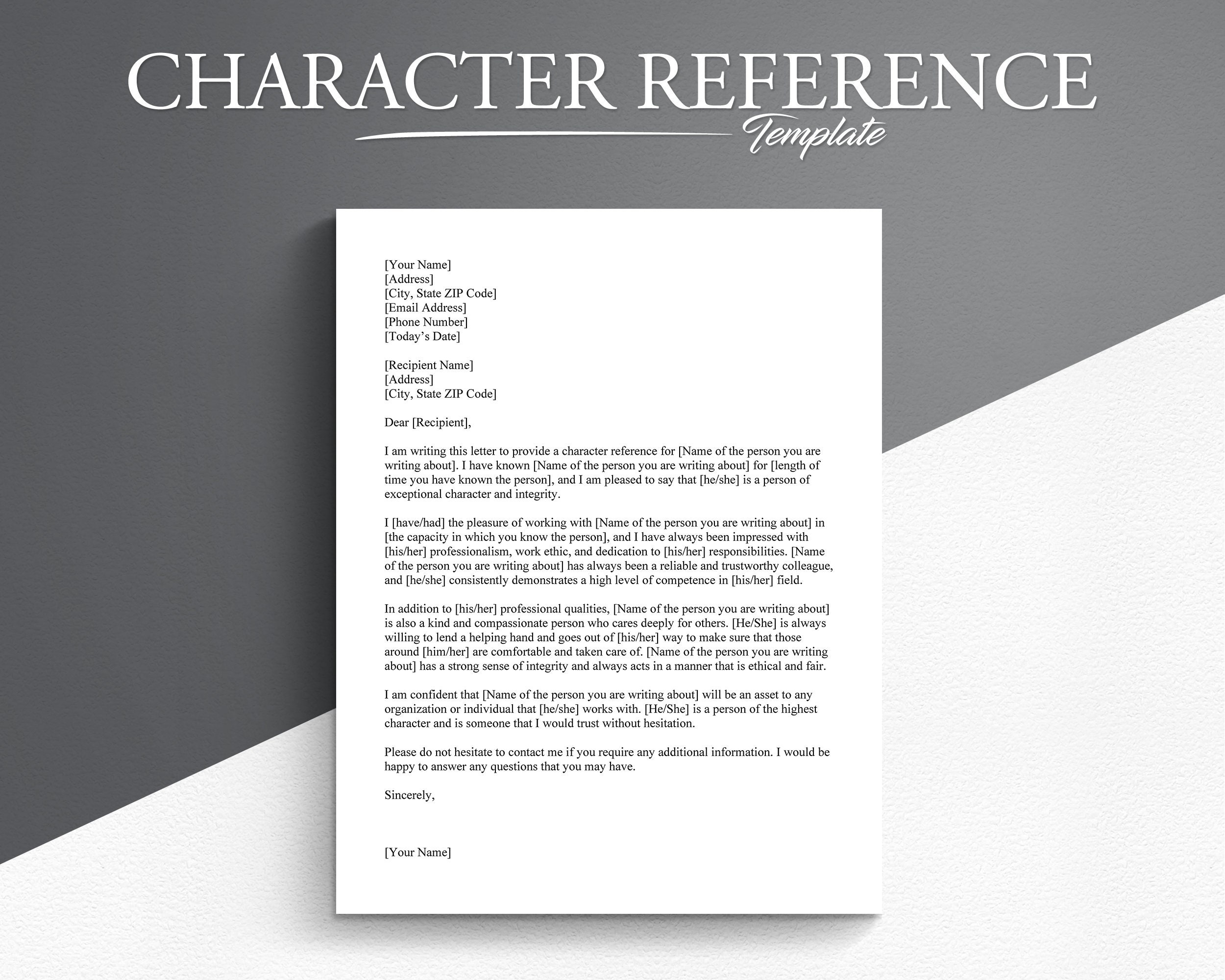 Professional Character Reference Letter Template Google Docs microsoft Word Character Letter Template Etsy