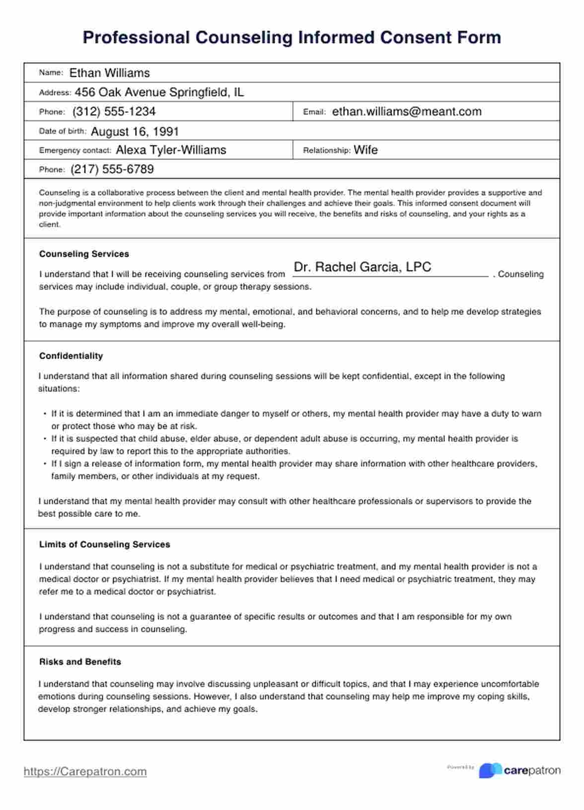 Professional Counseling Informed Consent Form Example Free PDF Download