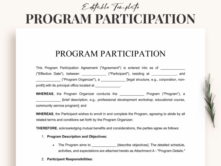Program Participation Agreement Template Instant Download Editable Word PDF Course Enrollment Workshop Contracts Etsy