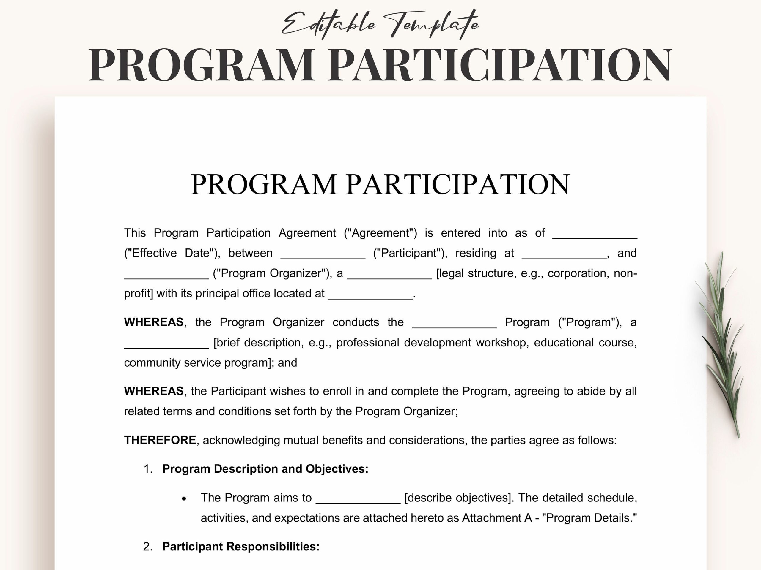 Program Participation Agreement Template Instant Download Editable Word PDF Course Enrollment Workshop Contracts Etsy