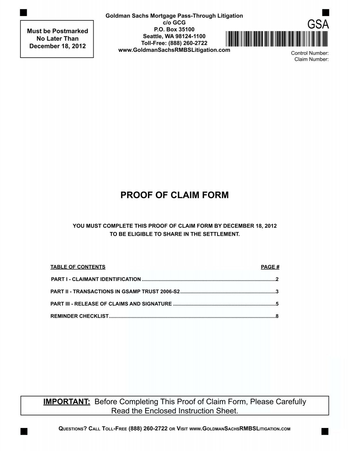 Proof Of Claim Form Proof Of Claim Form