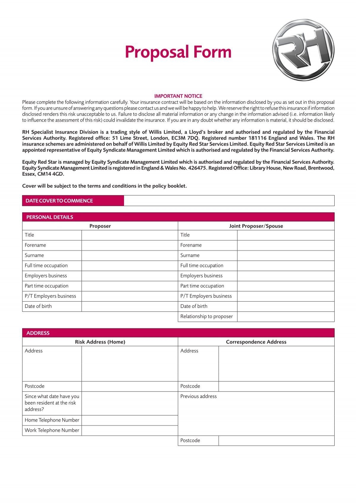 Proposal Form Household RH Insurance
